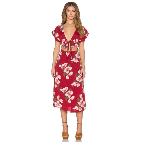 NWT Privacy Please Womens Allard Dress S Red Floral Tie Front Cut Out Midi - Picture 1 of 10